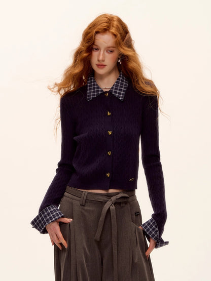 Wool Blend Plaid Patchwork Cable Knit Cardigan