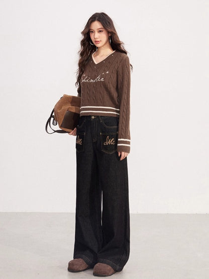 Embroidered Vintage Wide-Leg Denim Pants