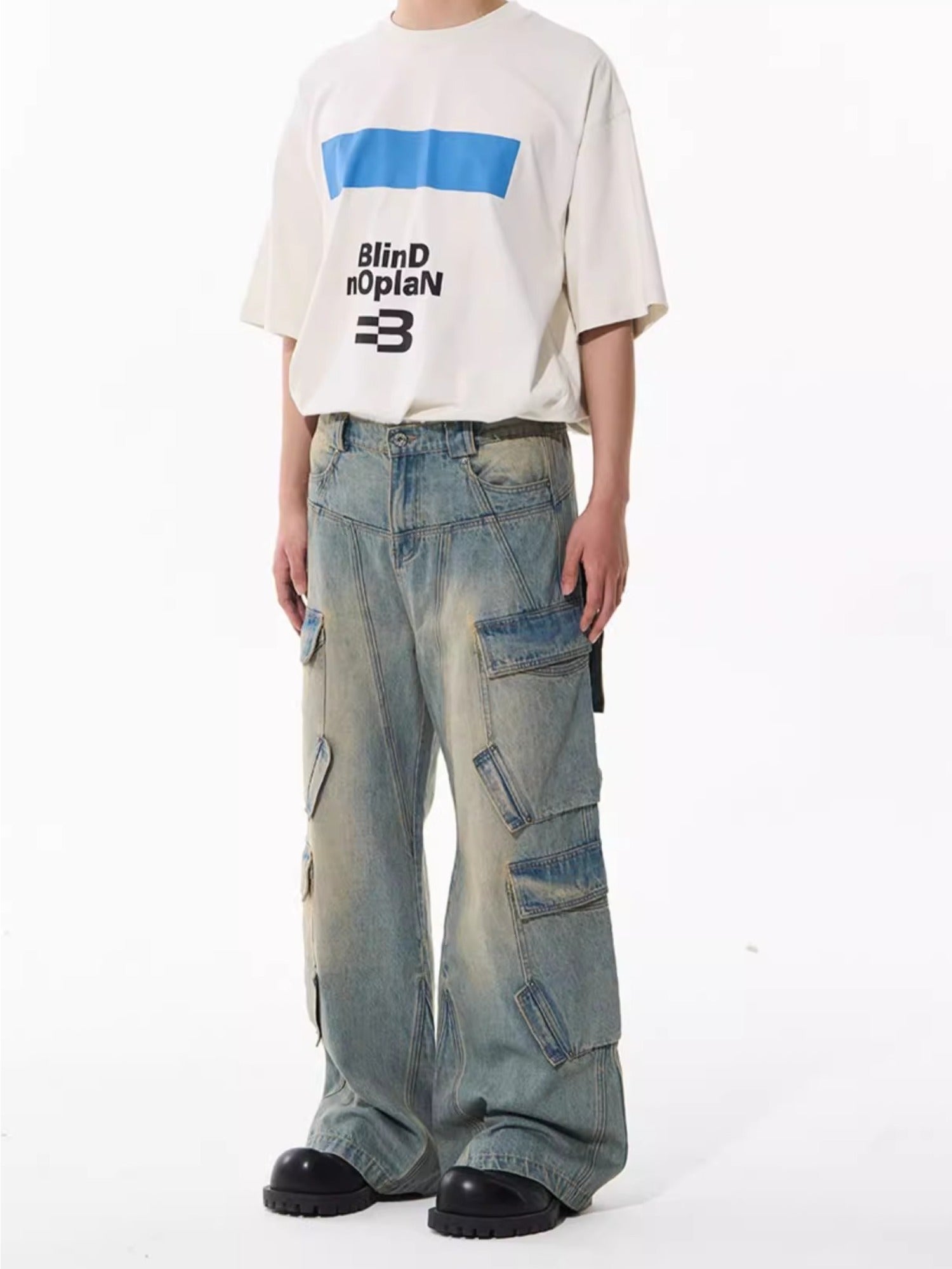 Washed Pocket-Panel Straight-Leg Denim Cargo Pants