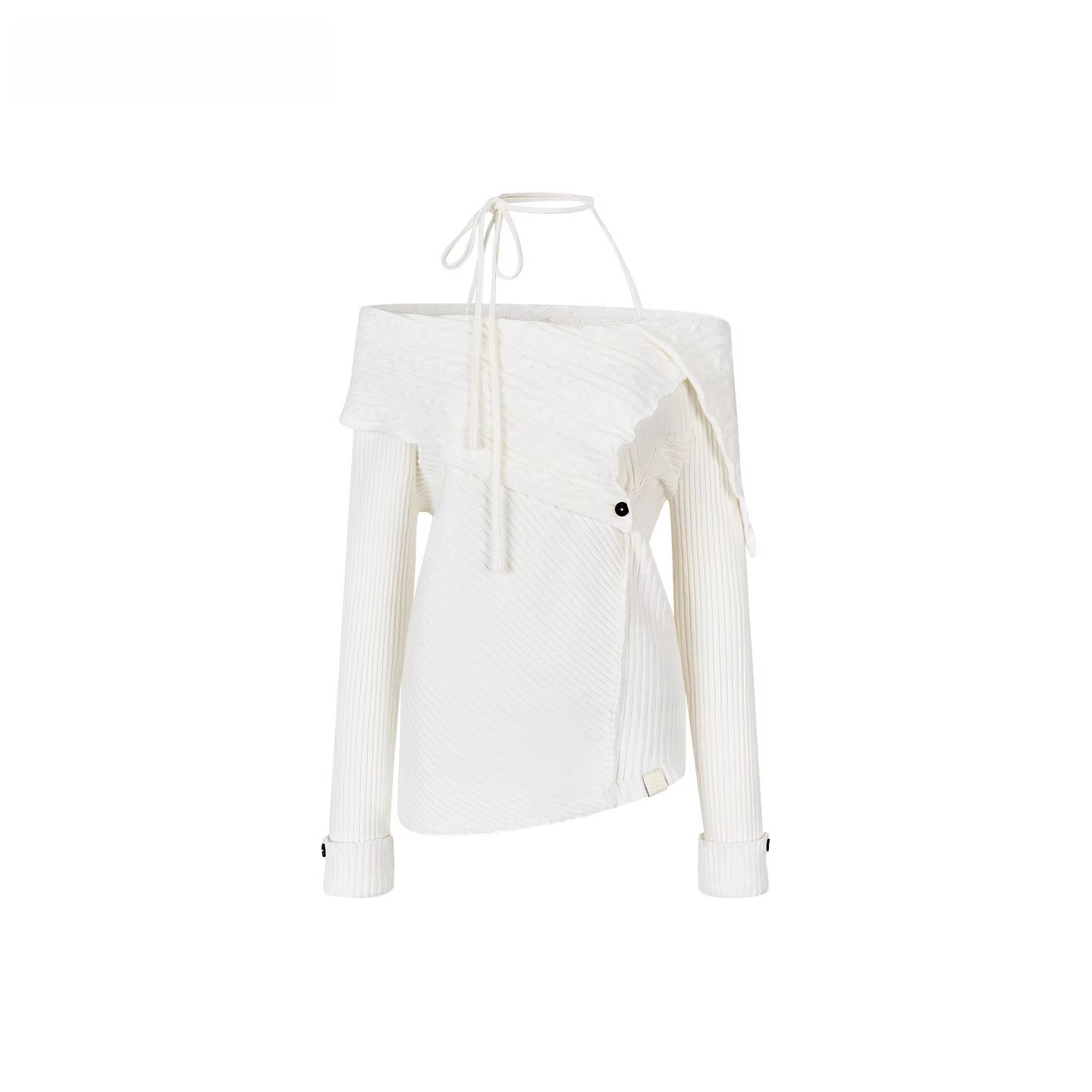Off-Shoulder Halter Neck Cable Knit Sweater