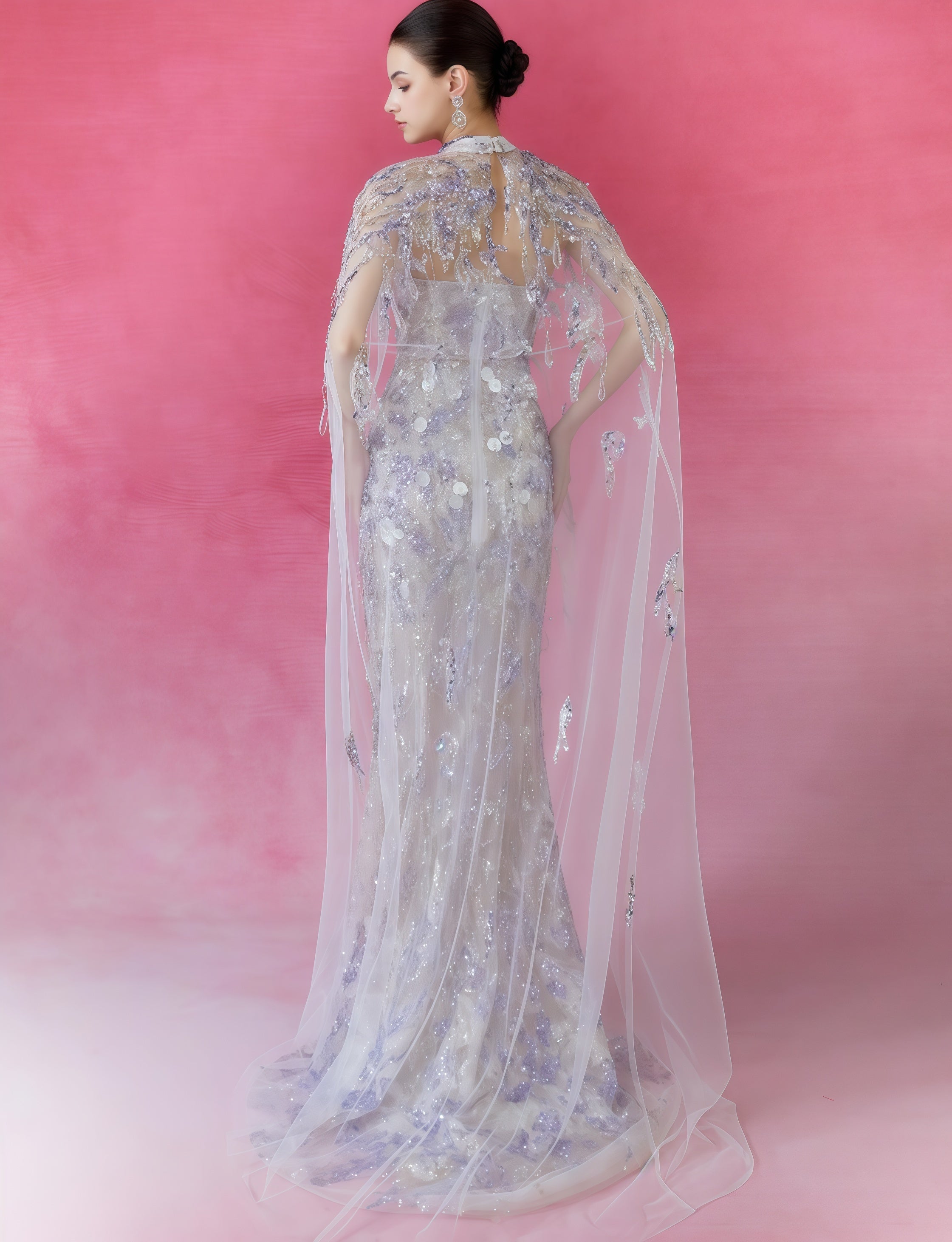 Iridescent Sequin Illusion Cape Mermaid Gown