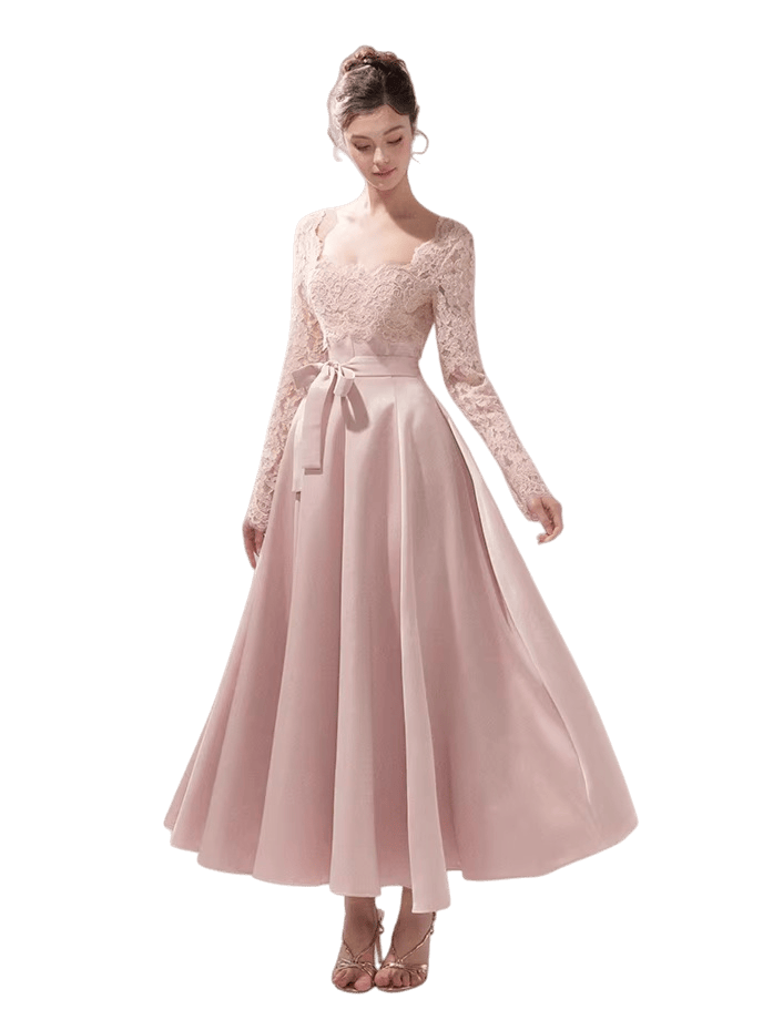 Lace Cinched-Waist Full-Skirt Evening Dress