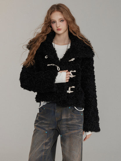 Horn Button Curly Fur Thick Short Jacket