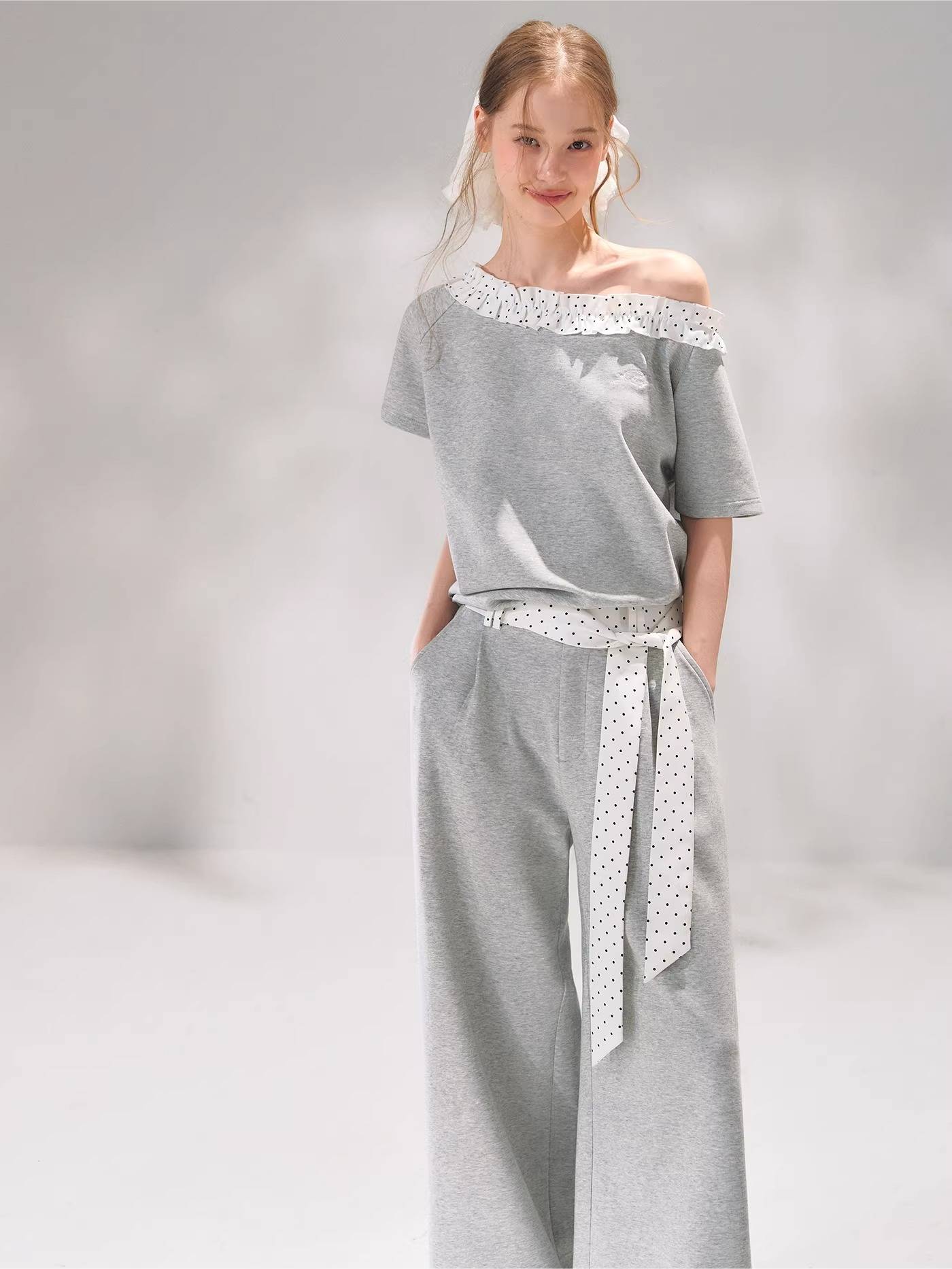 Polka Dot Ruffle Trim Off-Shoulder T-Shirt &amp; Tie-Waist Lounge Pants Set