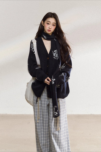Navy Floral Jacquard Knit Cardigan