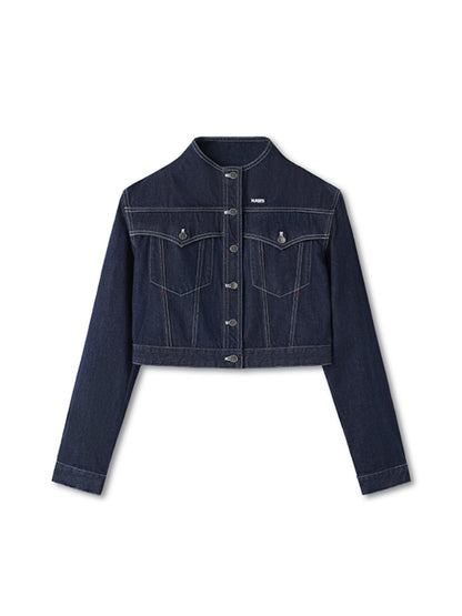 Denim Stand-Collar Regular Shoulder Cropped Jacket - CHINASQUAD