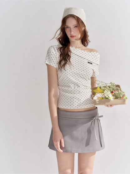 Asymmetric Off-Shoulder Polka Dot Lace Trim Fitted T-Shirt