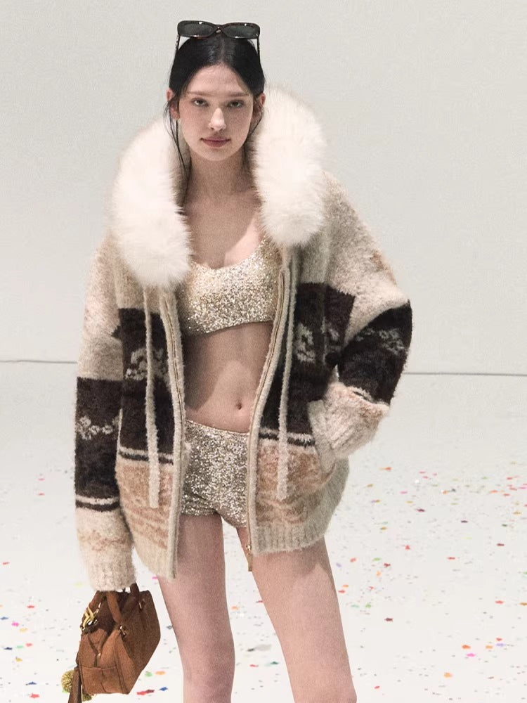 Detachable Fur-Collar Wool Hooded Cardigan