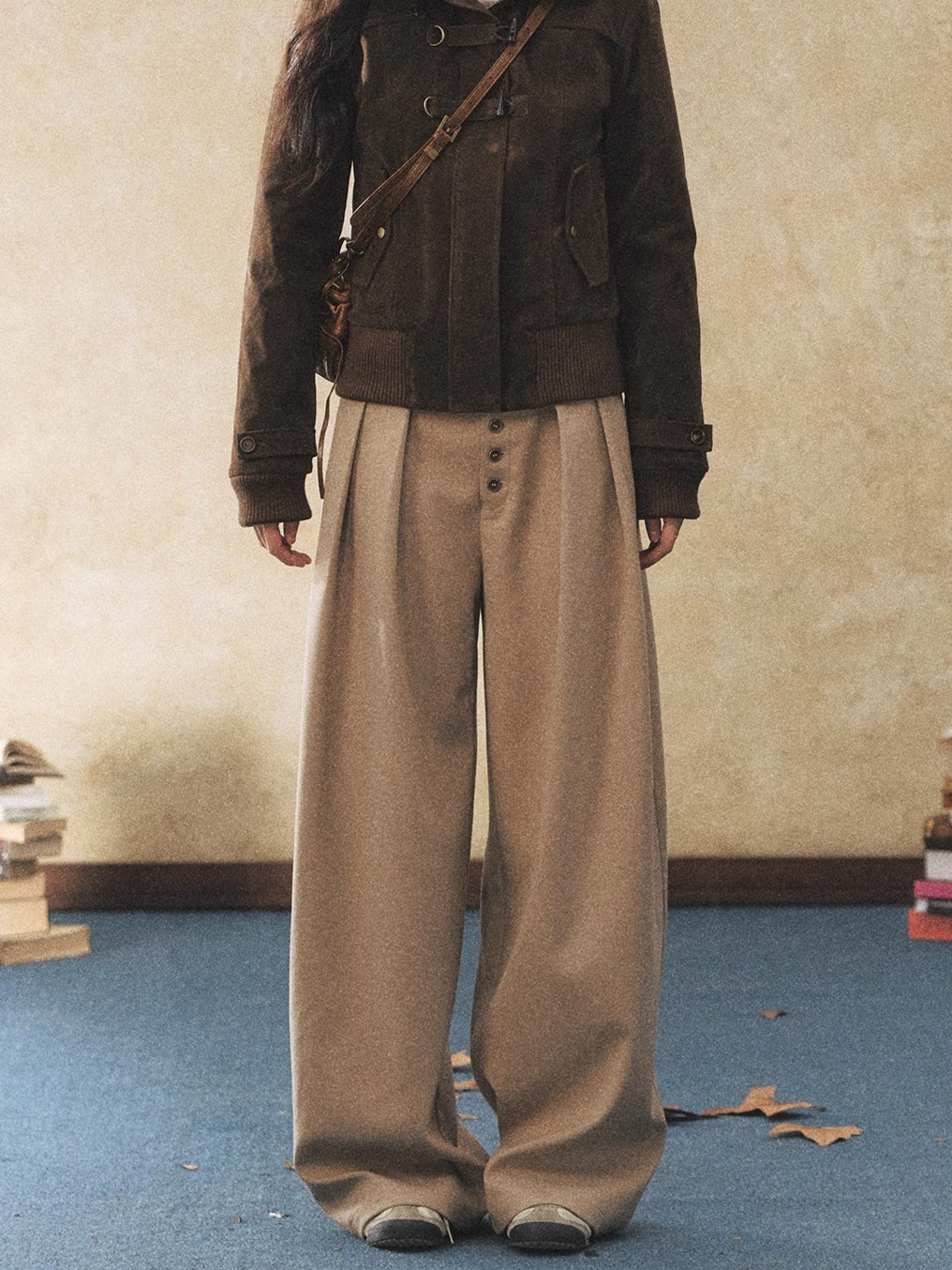 Khaki Relaxed Straight-Leg Wide Trousers