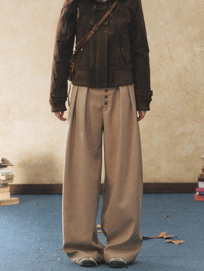 Khaki Relaxed Straight-Leg Wide Trousers