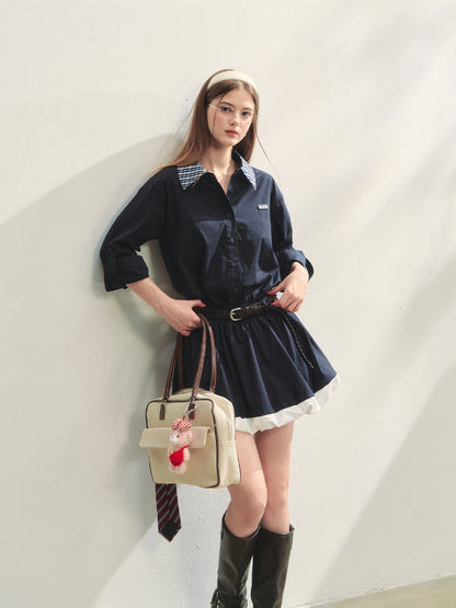 Black Lapel Checkered Panel Tulip Dress - CHINASQUAD