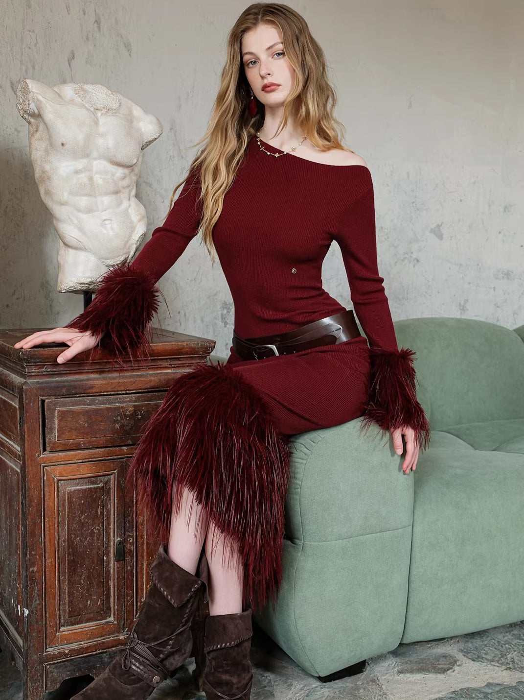 Vintage Off-Shoulder Knit Maxi Dress