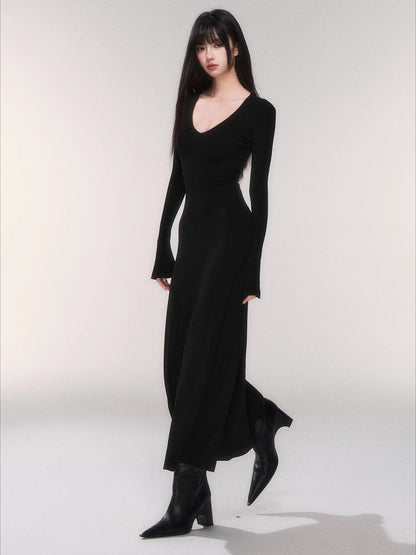 V-Neck Waist-Defining Knit Maxi Dress