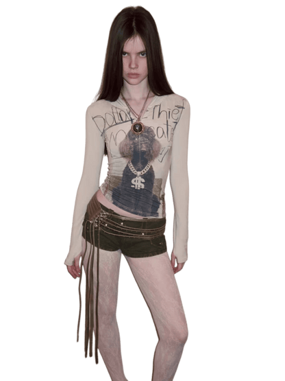 Zip-Up Hooded Long-Sleeve Fitted T-Shirt