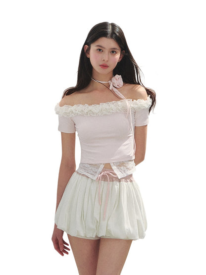 Off-Shoulder Irregular 3D Floral T-Shirt