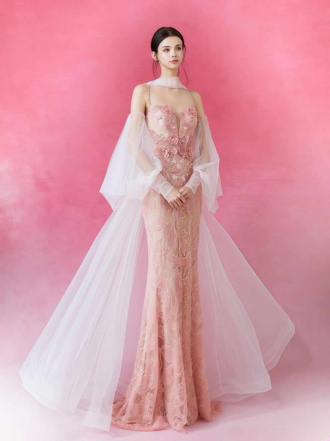 Rosé Illusion Embroidered Tulle Cape Gown