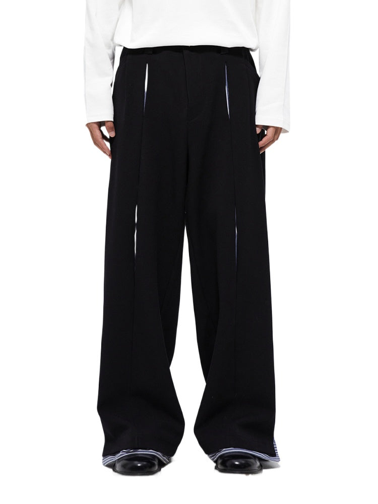 Striped Broken Hem Fan-Shaped Pleated Trousers