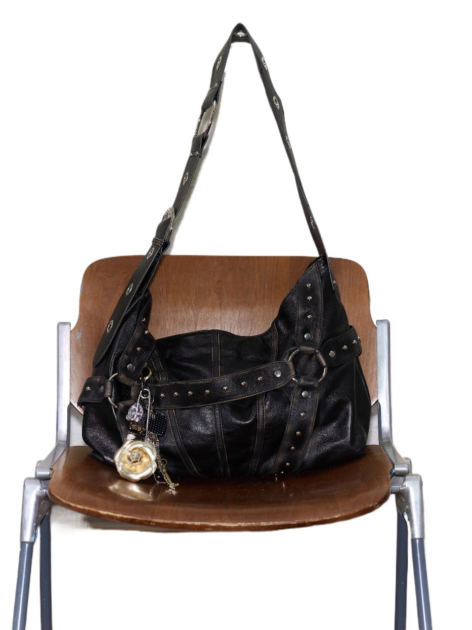 Vintage Studded Wide-Strap Crossbody Bag