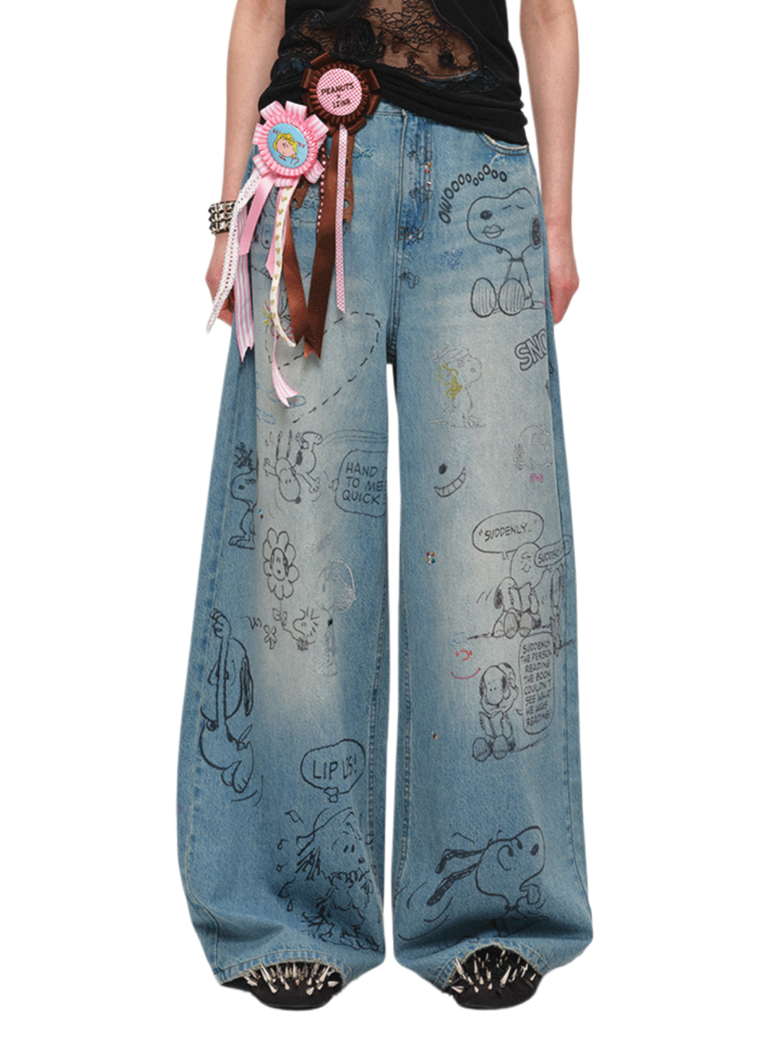 Snoopy Graffiti Crystal-Embellished Washed Denim Jeans