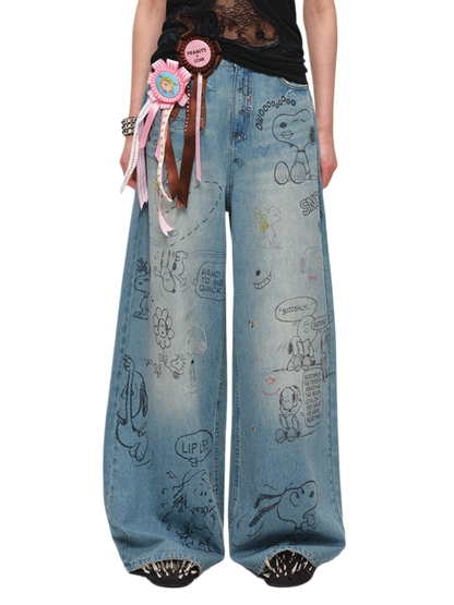 Snoopy Graffiti Crystal-Embellished Washed Denim Jeans