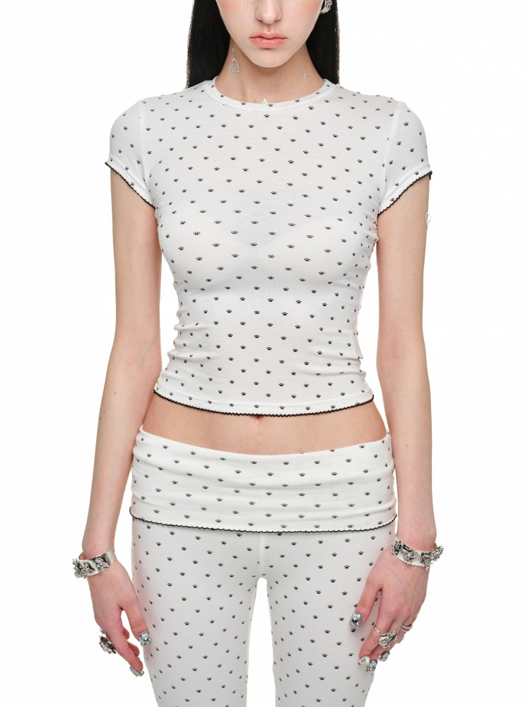 Polka Dot Cat Paw Round Neck T-shirt