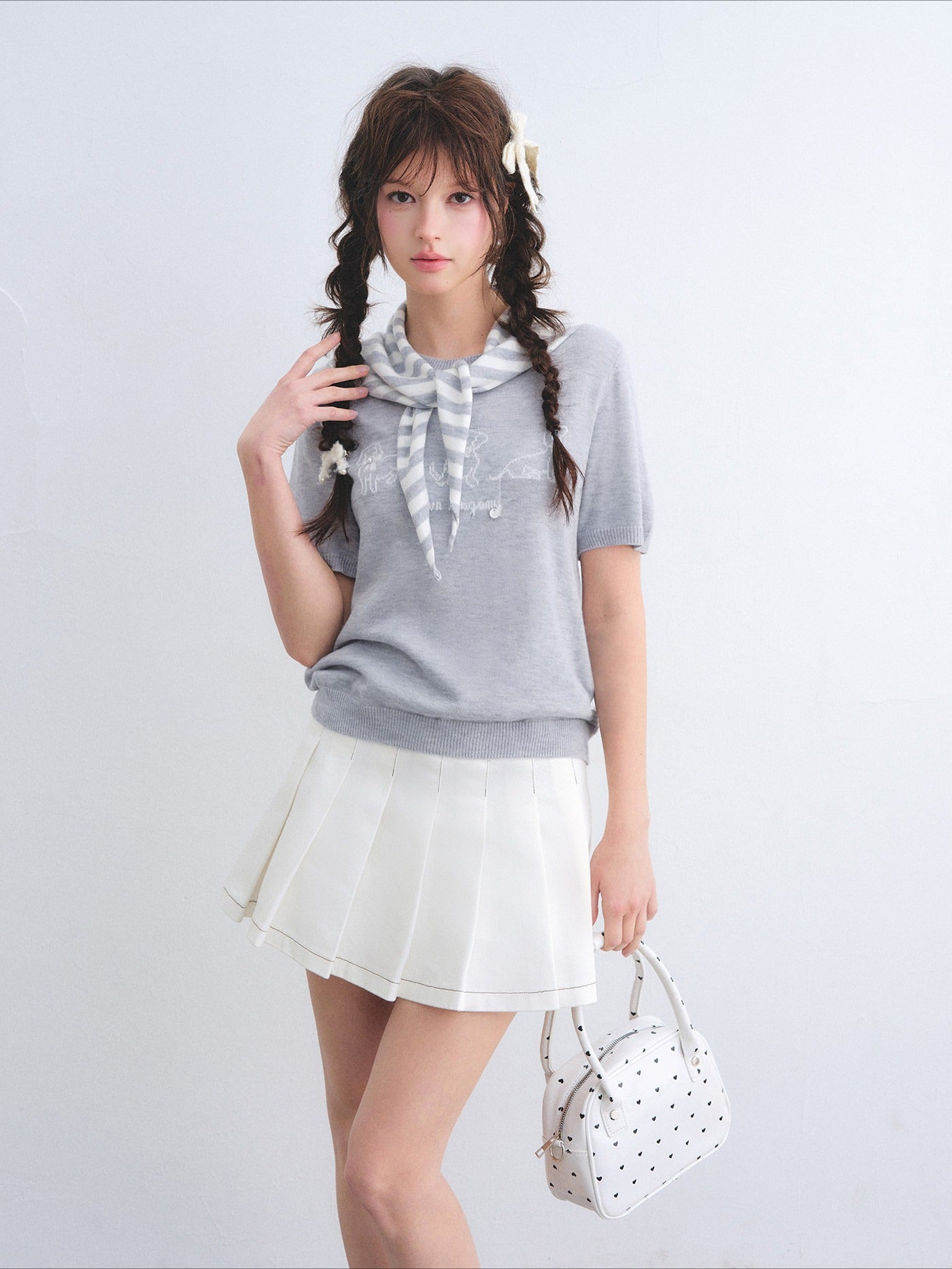 Wool-Blend Jacquard Knit Tee &amp; Striped Shoulder Set