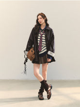 Black H-shaped Cuff Checkered Spliced Leather Jacket - CHINASQUAD