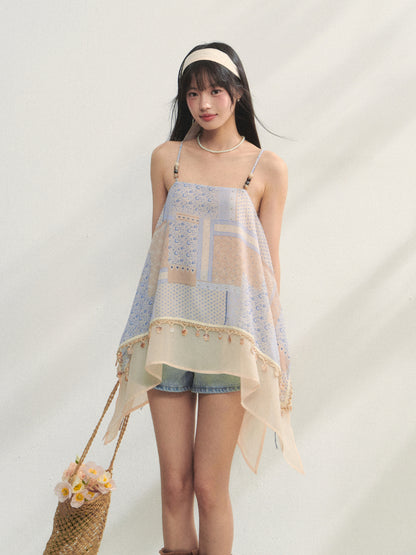 Irregular Beaded Strappy Printed Slip Dress - CHINASQUAD