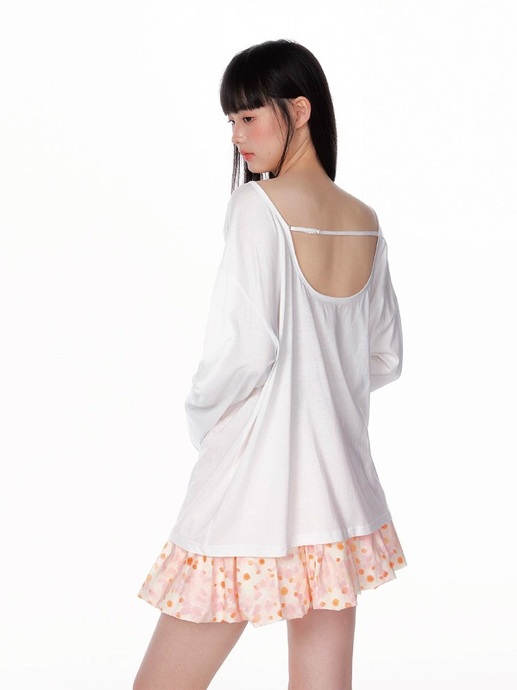 Off-Shoulder Crystal Apple Print Loose T-Shirt