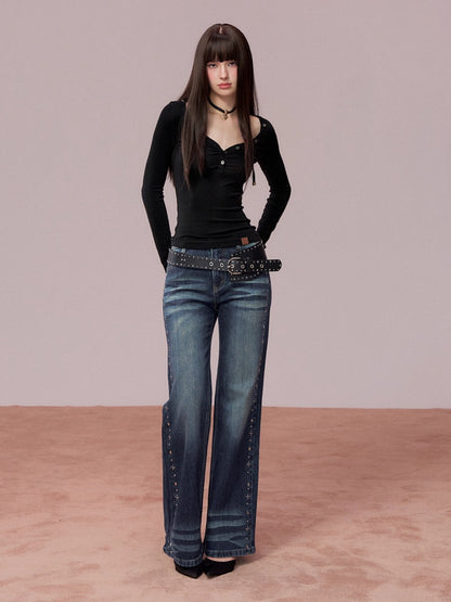 Straight-Leg Washed Denim Pants