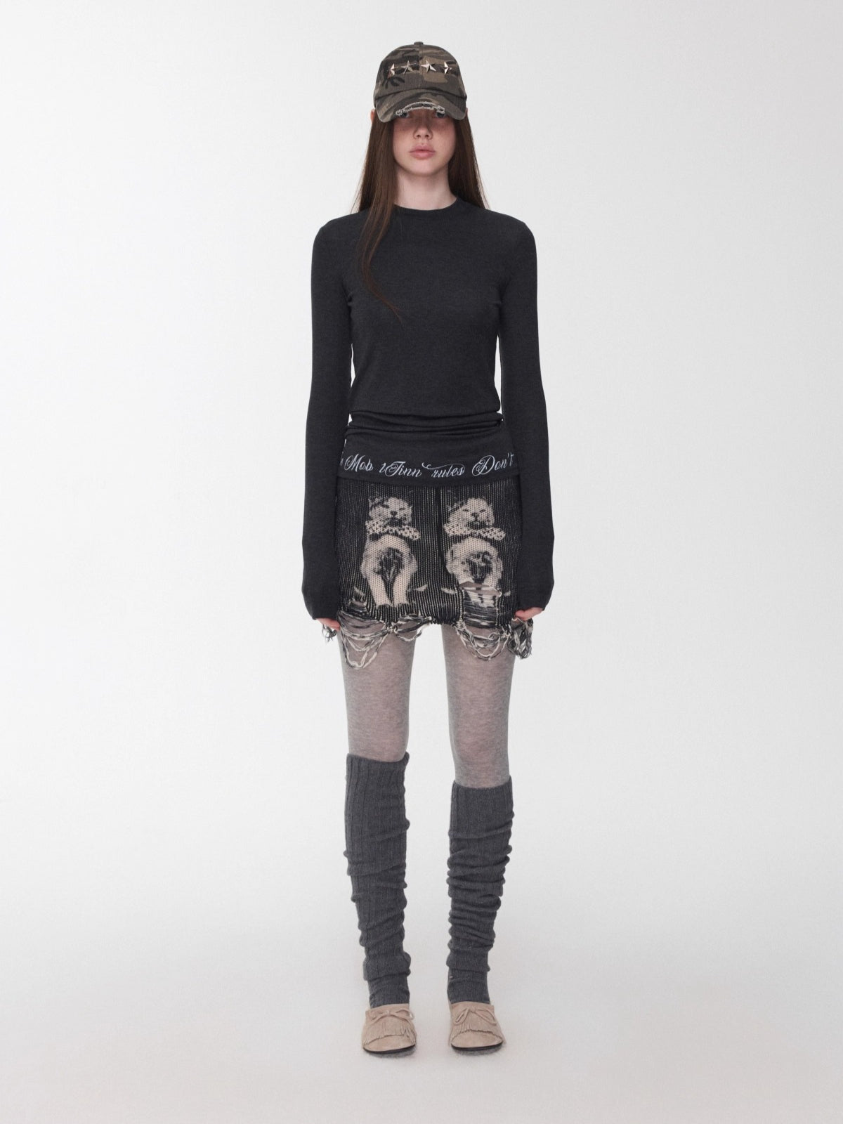 Basic Round-Neck Letter Print Semi-Sheer T-Shirt