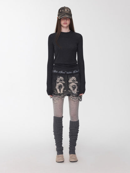 Basic Round-Neck Letter Print Semi-Sheer T-Shirt