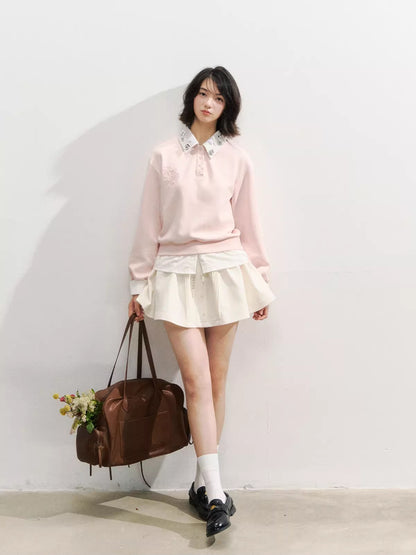 Rhinestone Rose Fake Two-Piece Sweatshirt