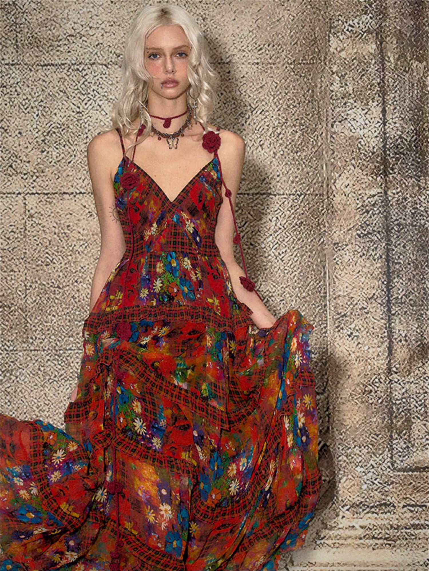 The NeverMore Firework Bloom Vintage Floral Halter Maxi Dress Purple Long / M The NeverMore Firework Bloom Vintage Floral Halter Maxi Dress Purple Long / M