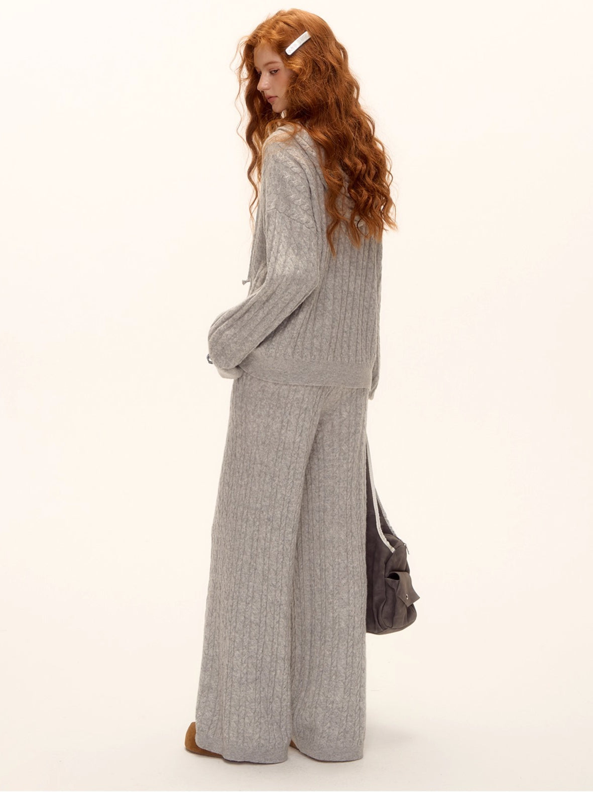 Wool Blend Cable Knit Hoodie &amp; Wide-Leg Pants Set