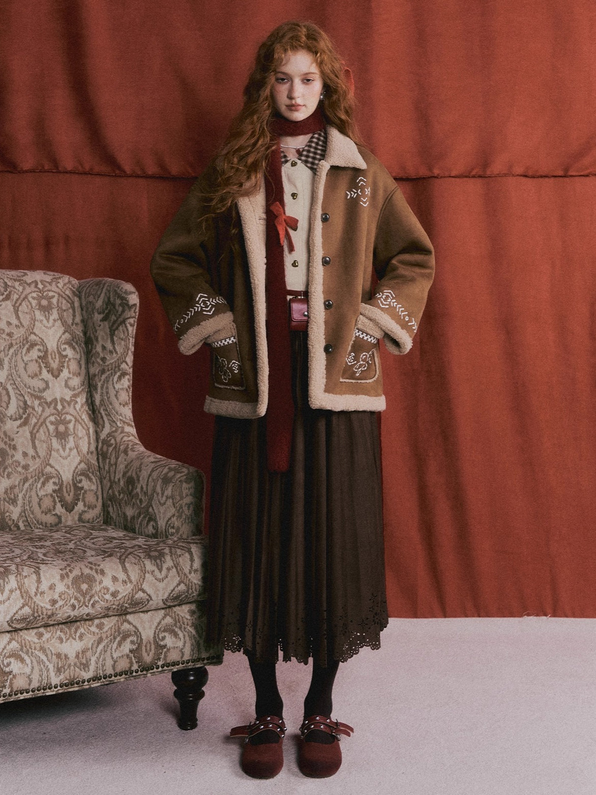 Suede Pleated Midi Skirt