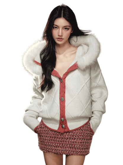 Detachable Fur-Collar Argyle Hooded Knit Cardigan