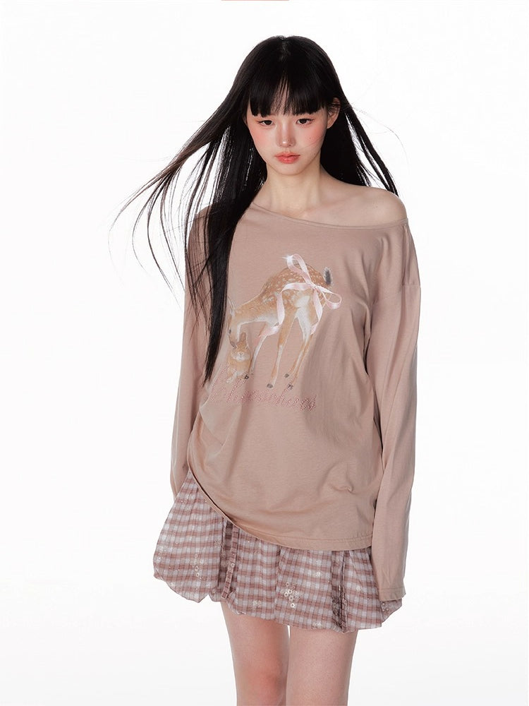 Asymmetric Deer Print Crystal-Embellished T-Shirt