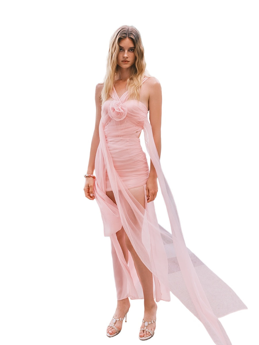 Rosa Chiffon Floral-print Halter Neck Backless Dress - CHINASQUAD