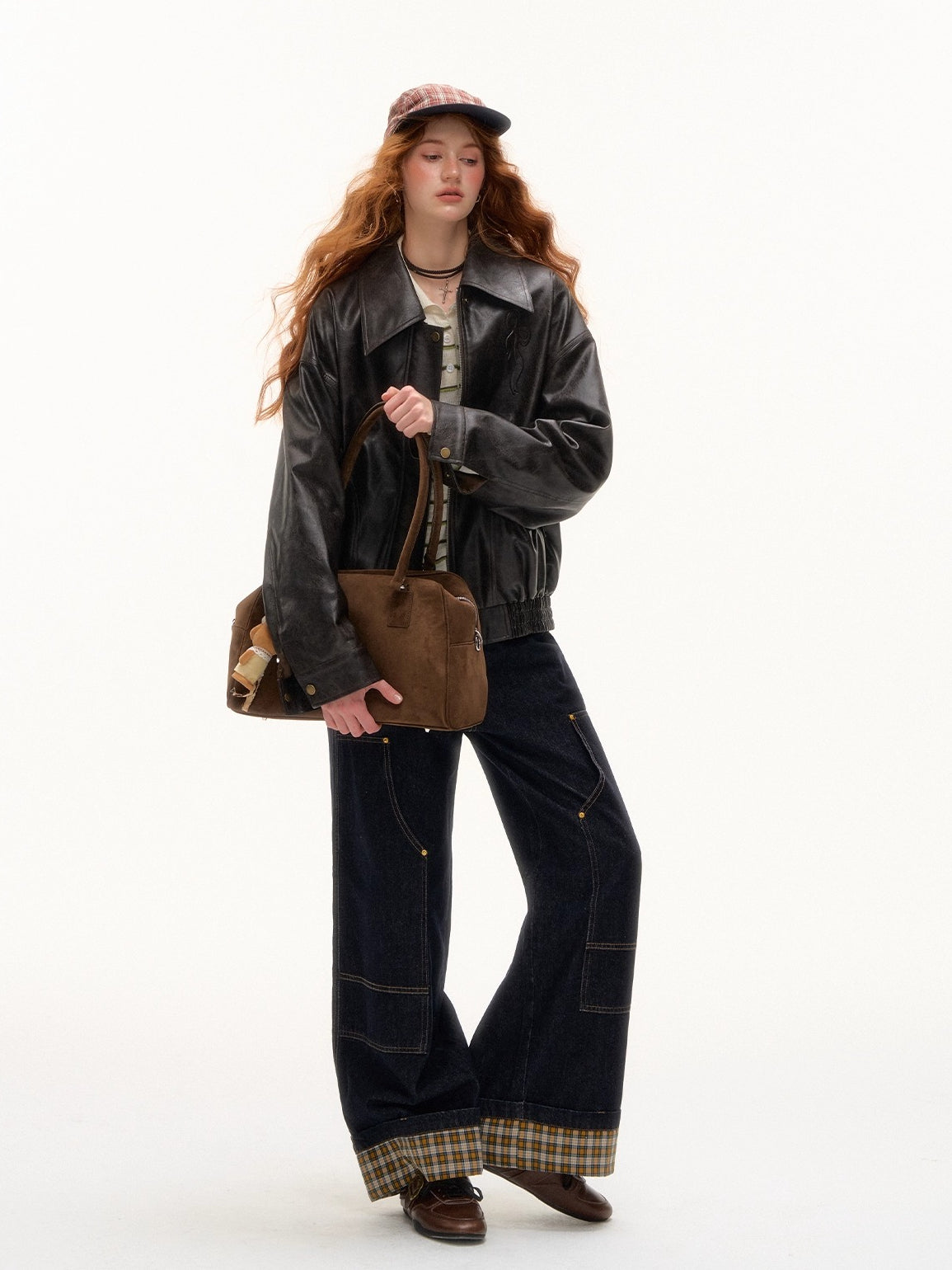 Plaid Cuff Wide-Leg Jeans