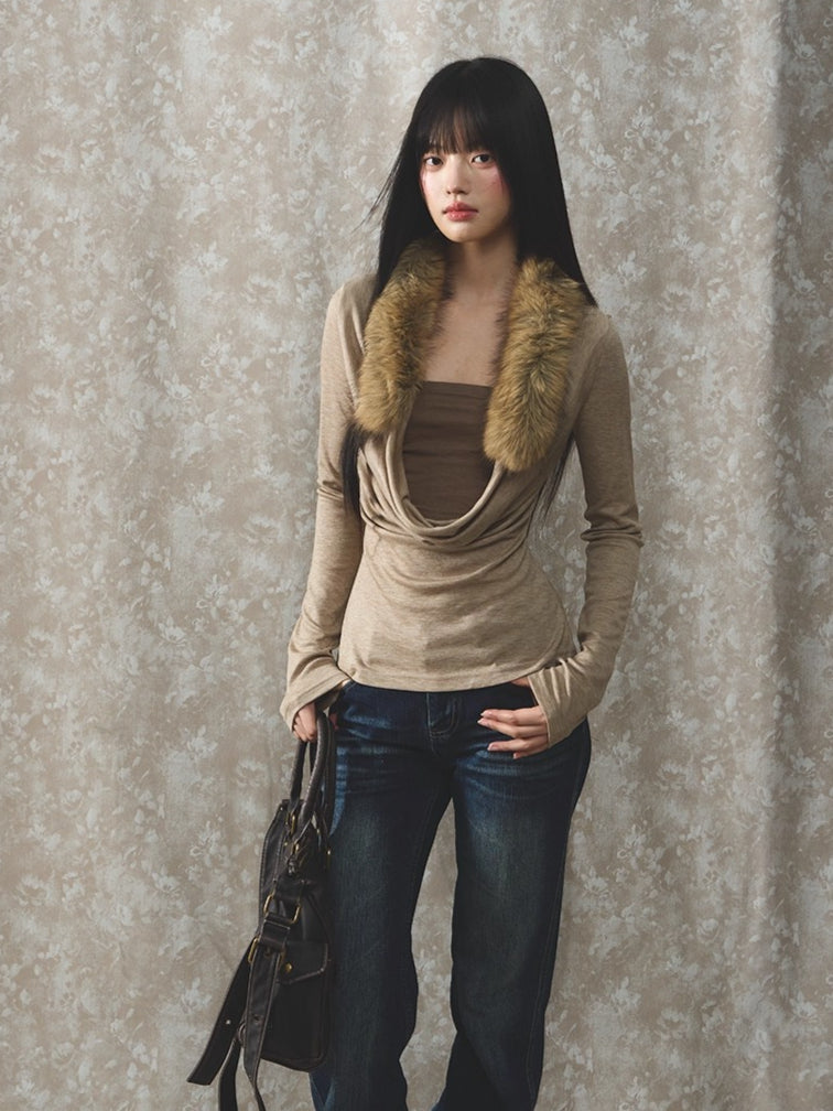 Two-Piece Draped-Collar Knit Crewneck