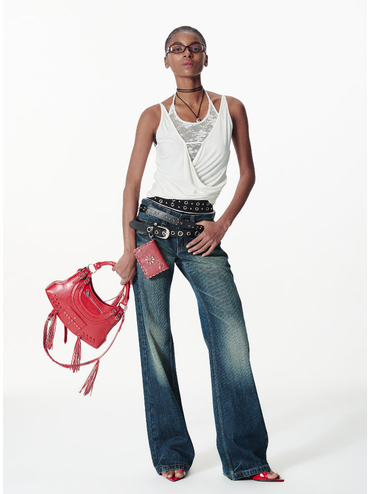 Lace-pieced V-Neck Halter T-shirt