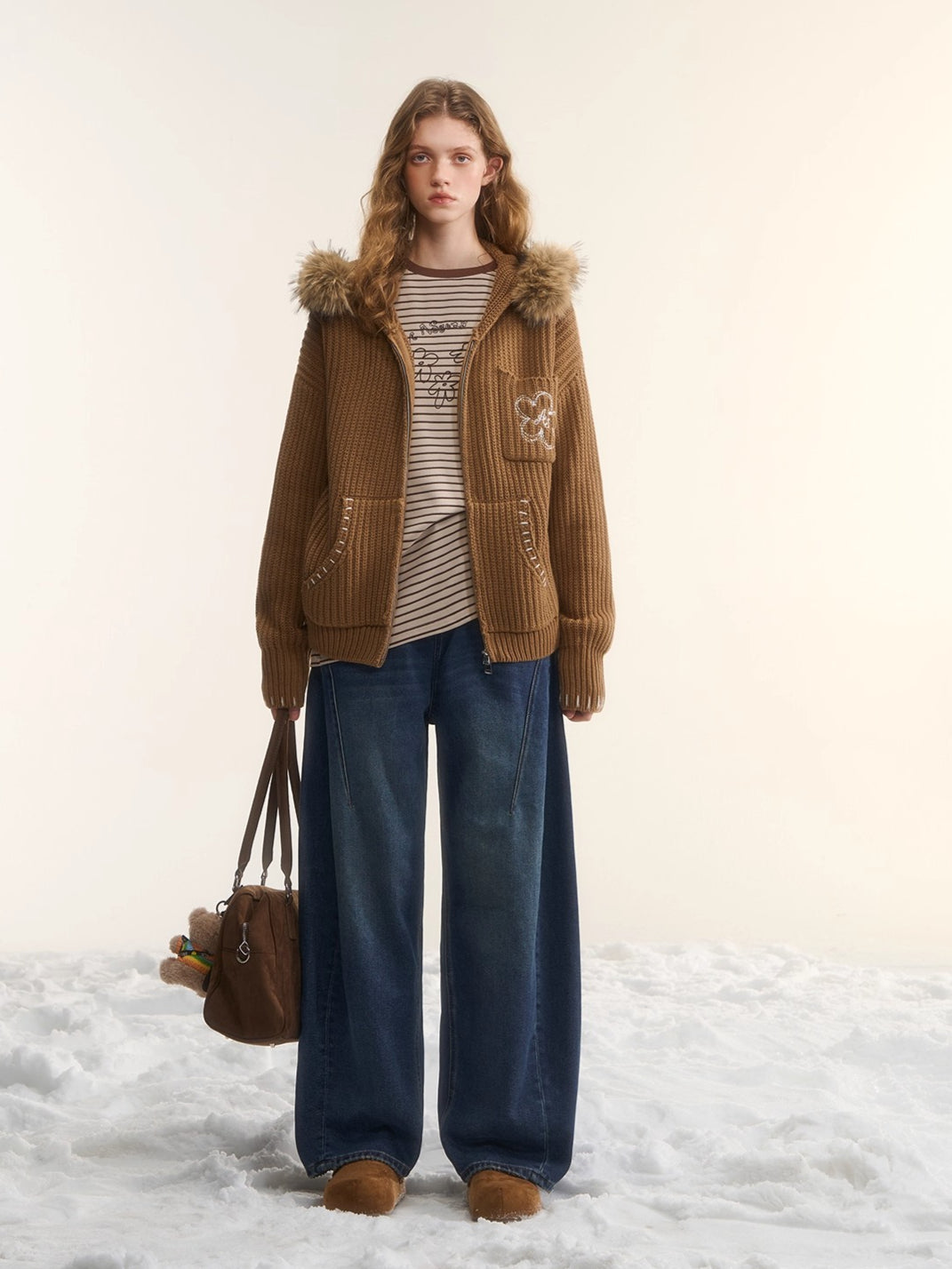 Embroidered Knit Zip-Up Hoodie Cardigan