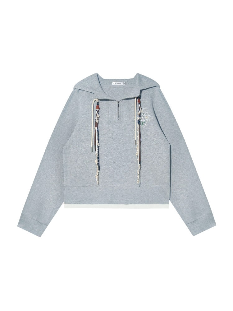 Fake Two-Piece Flower Embroidery Hat Cord Pullover Hoodie - CHINASQUAD