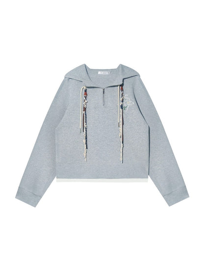 Fake Two-Piece Flower Embroidery Hat Cord Pullover Hoodie - CHINASQUAD