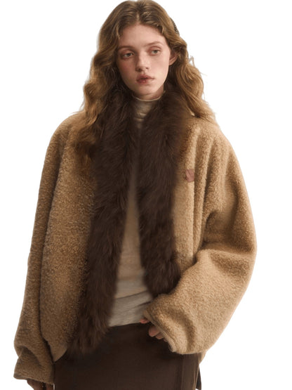Wool-Blend Fur-Trim Cape Jacket