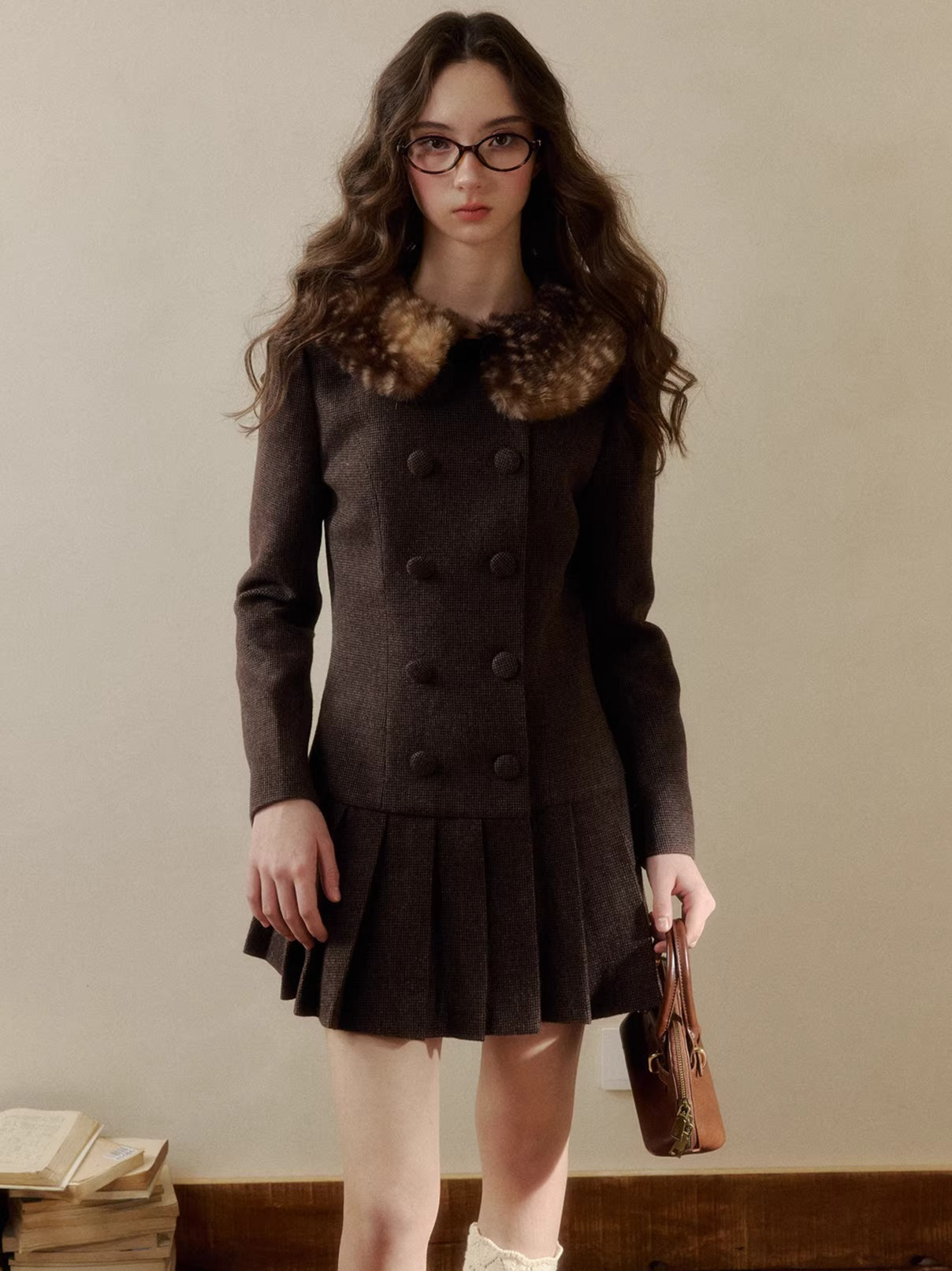 SunsetPark Vintage Preppy Doll-Collar Houndstooth Pleated Dress Brown / S SunsetPark Vintage Preppy Doll-Collar Houndstooth Pleated Dress Brown / S