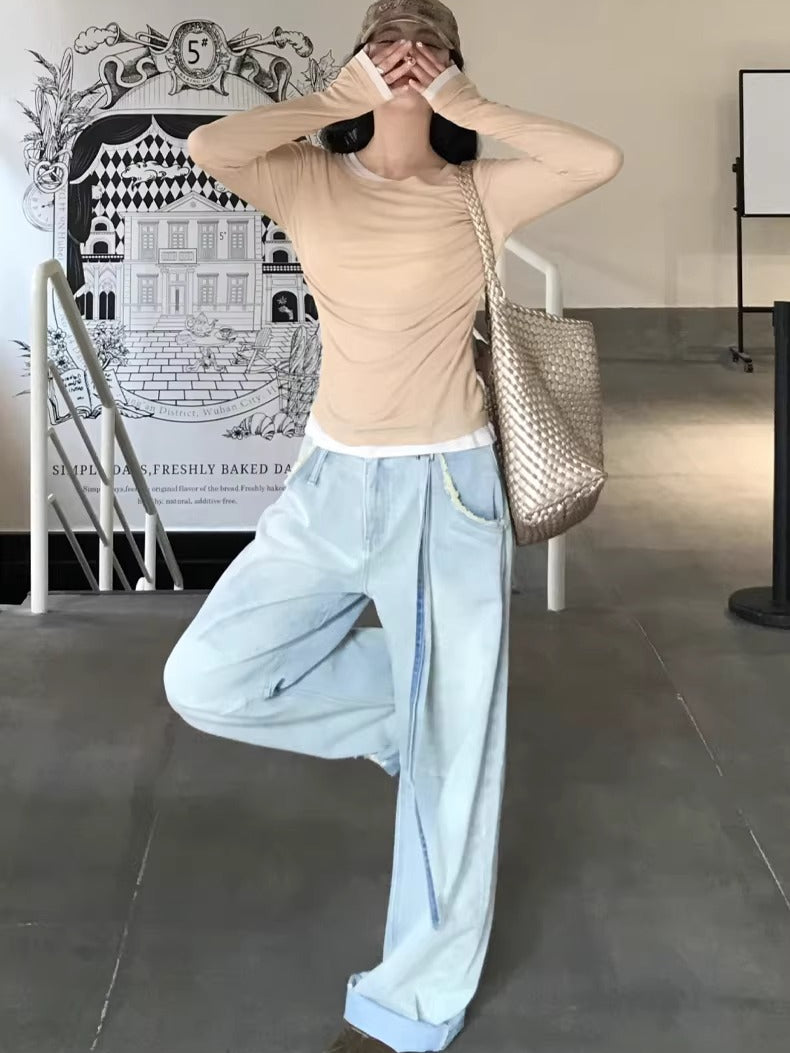 Washed Pleated Banana-Fit Denim Pants