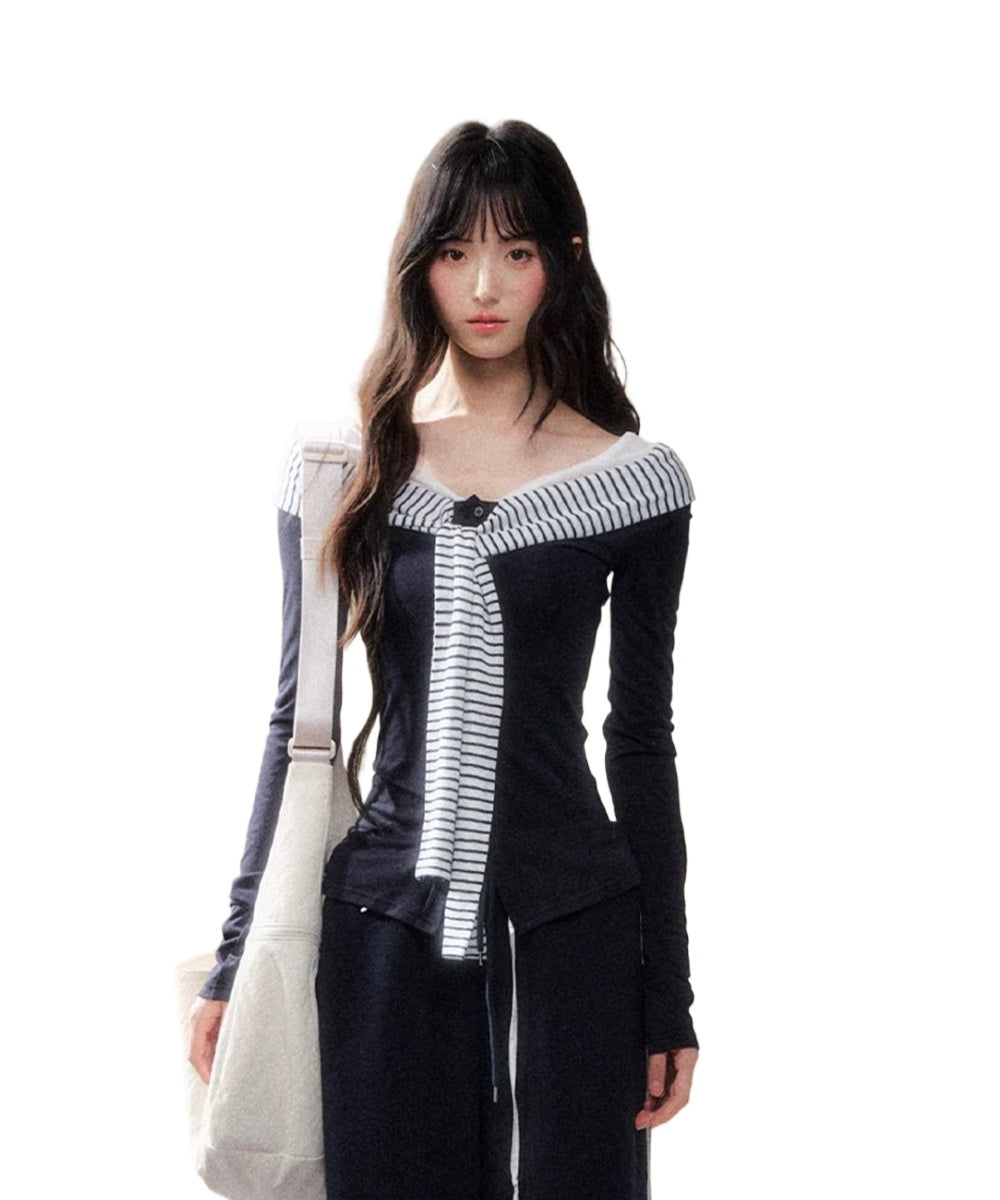 Navy Sailor-Collar Contrast Stripe Knit T-shirt