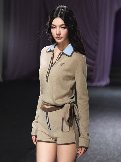 Contrast Tie-Neck Polo Knit Set